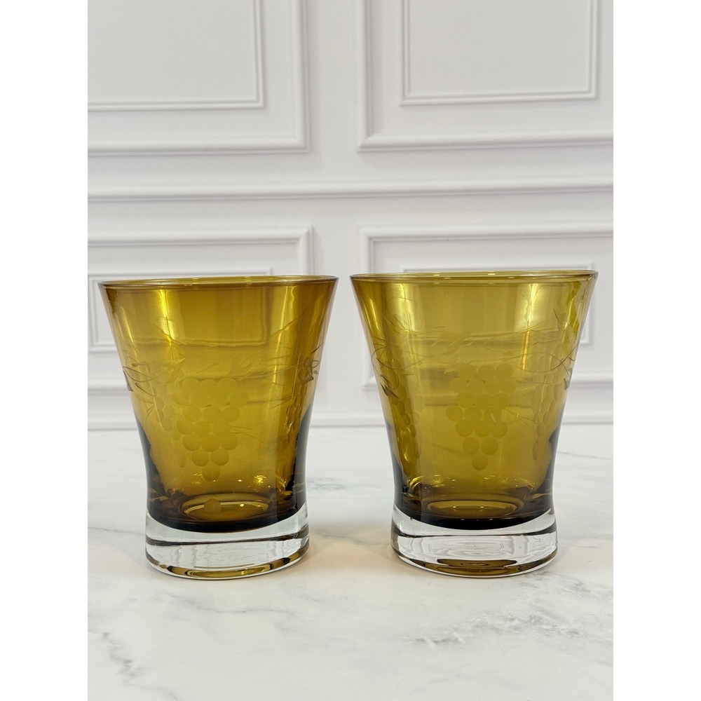 Vintage PAIR (2) Etched Grape Pattern Amber 4.5in Flared Juice Glasses